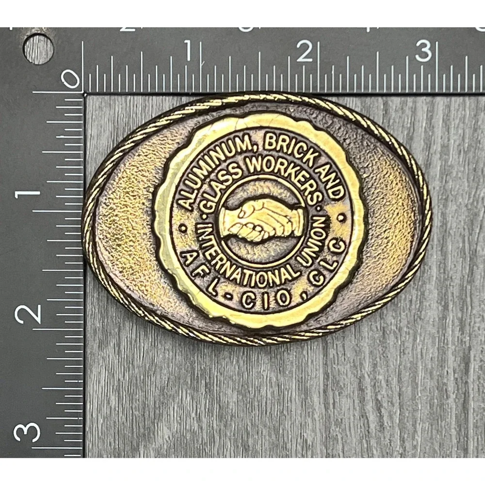 Vintage Aluminum Brick Glass Workers Union‎ Belt Buckle Gold Tone USA AFL CIO